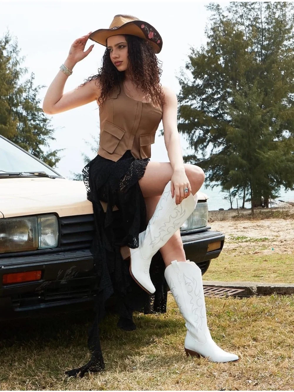 Over-the-Knee Wide Calf White Western Boot with Embroidered Stitching